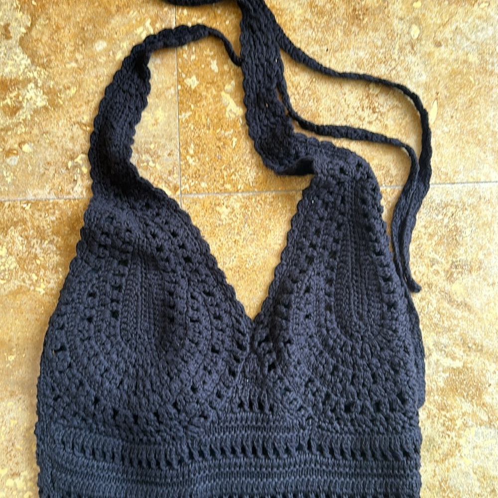 Vintage Black Crochet Halter Mini Dress - Picture 3 of 6
